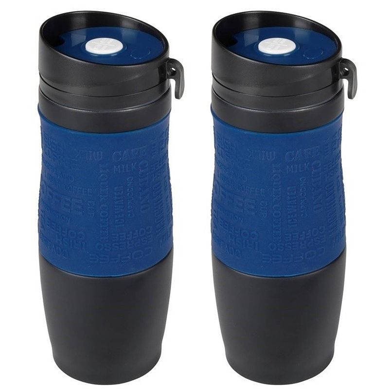 Foto van 2x dubbelwandige thermobekers donkerblauw/zwart 380 ml - thermosbeker