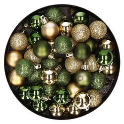 Foto van Kleine kunststof kerstversiering 40x stuks set en 3 cm kerstballen in het goud en groen - kerstbal