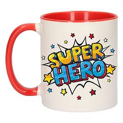 Foto van Super hero cadeau mok / beker wit en rood met sterren 300 ml - feest mokken