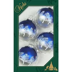 Foto van 8x stuks luxe glazen kerstballen 7 cm blauw/zilver met bomen - kerstbal