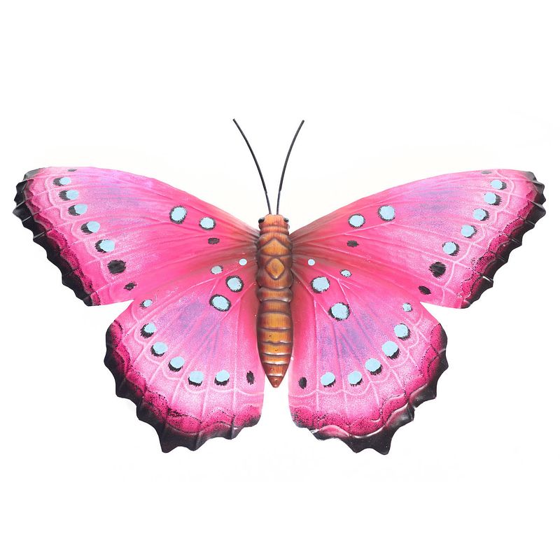 Foto van Tuindecoratie vlinder van metaal roze/zwart 48 cm - tuinbeelden