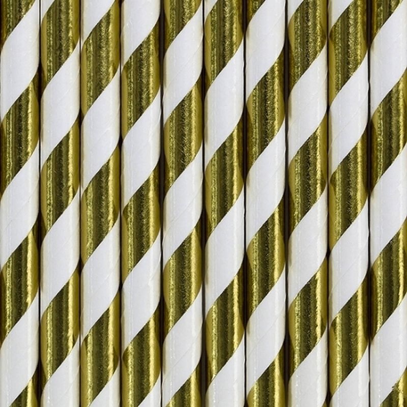 Foto van Gestreepte rietjes van papier goud/wit 100x stuks - drinkrietjes