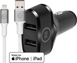 Foto van Bluebuilt autolader met 2 usb a poorten 12w zwart + lightning kabel 1,5m nylon wit