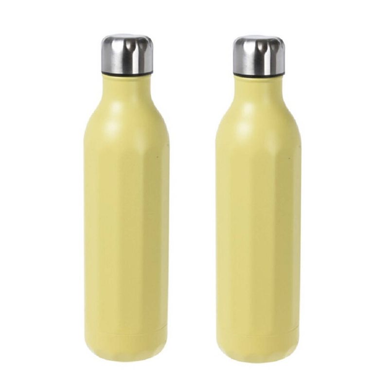 Foto van 2x stuks rvs thermosflessen / isoleerflessen voor onderweg 500 ml pastel geel - thermosflessen