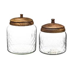 Foto van Set van 2x snoeppotten/voorraadpotten 1,2l - 2,7l glas met houten deksel - voorraadpot