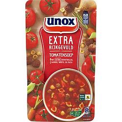 Foto van 2 zakken soep a 570 ml, pakken cupasoup a 3 stuks of single verpakkingen noodles of pasta | unox extra rijkgevuld soep in zak tomatensoep 570ml aanbieding bij jumbo