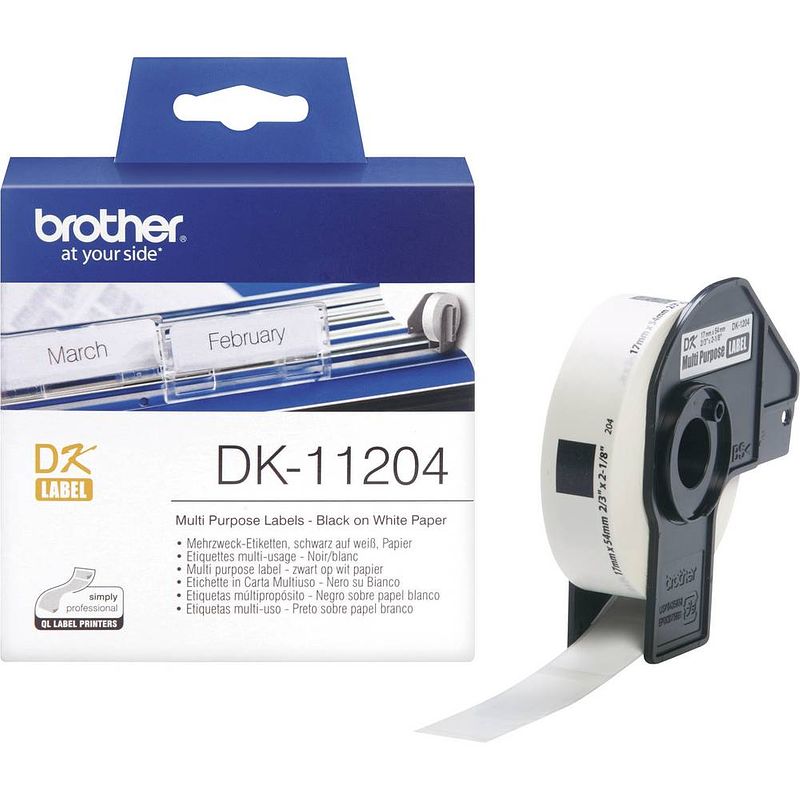 Foto van Brother dk-11204 rol met etiketten 54 x 17 mm papier wit 400 stuk(s) permanent dk11204 adresetiketten