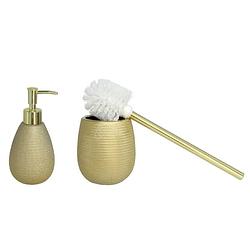 Foto van Wc-/toiletborstel houder polystone met zeeppompje 280 ml goud kleurig - badkameraccessoireset