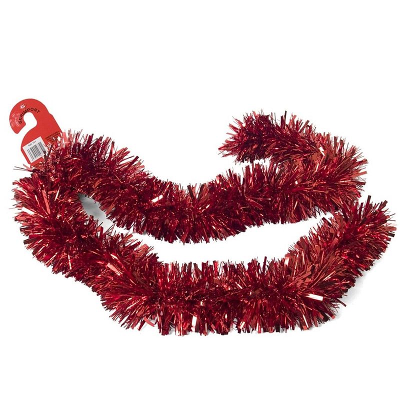 Foto van Kerstboom folie slingers/lametta guirlandes van 180 x 12 cm in de kleur glitter rood - feestslingers
