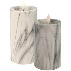 Foto van Led kaarsen/stompkaarsen - set 2x - wit/grijs marmer - h12,5 en h15 cm - timer - warm wit - led kaarsen
