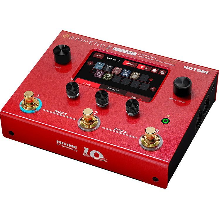 Foto van Hotone ampero ii stomp 10th anniversary limited edition amp modeler / effects processor met 10-inch red vinyl