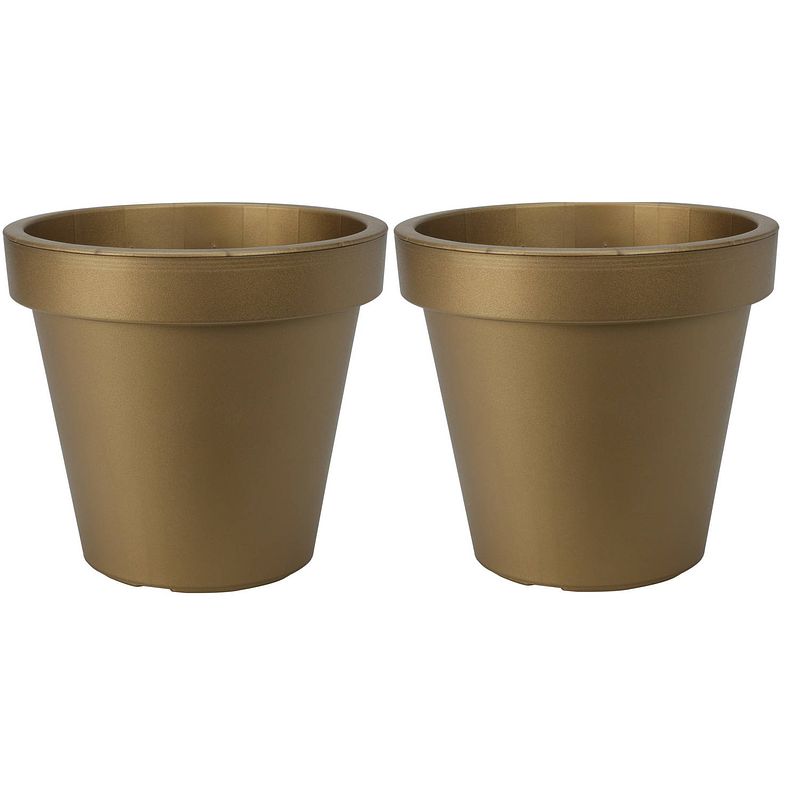 Foto van Pro garden plantenpot/bloempot - 2x - tuin buiten - kunststof - mat goud - d20 cm - plantenpotten