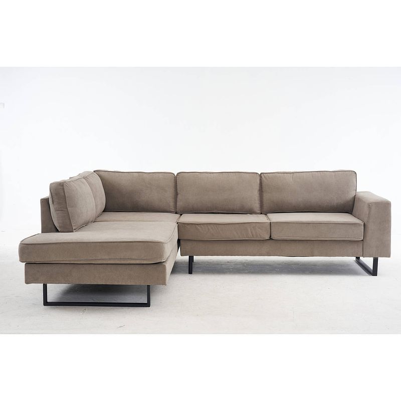 Foto van Hoekbank design puckerto 290cm bank taupe ribstof hoek loungebank links bankstel