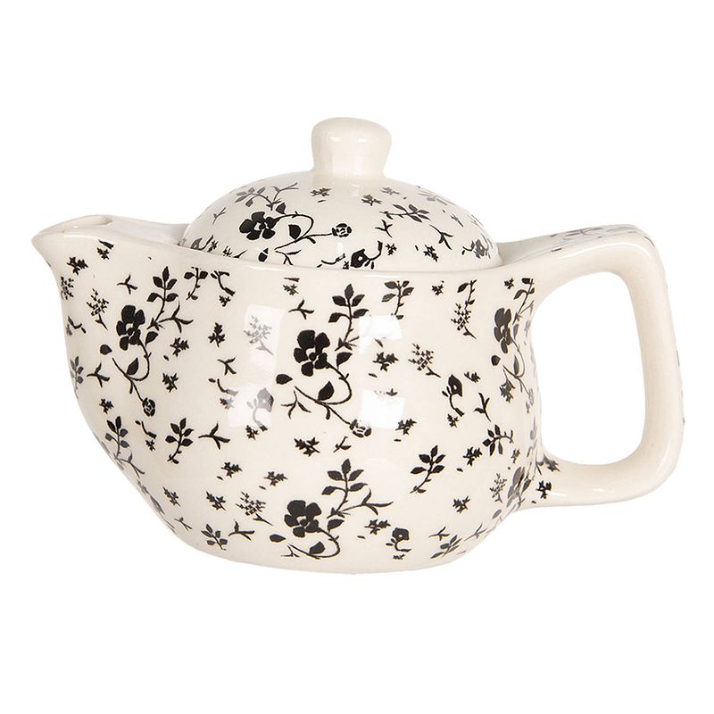 Foto van Haes deco - chinese theepot - porselein - zwarte bloemen - theepot 400 ml - traditioneel theeservies, theekan