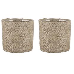 Foto van 2x stuks naturel rotan planten pot mand van gedraaid jute/riet h16 en d16 cm - plantenpotten