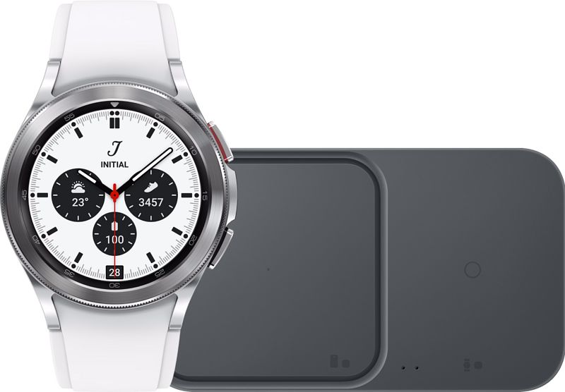 Foto van Samsung galaxy watch4 classic 42 mm zilver + duo draadloze oplader 15w zwart