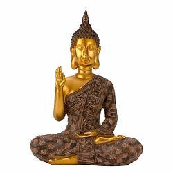 Foto van Boeddha beeldje zittend - binnen/buiten - kunststeen - zwart/goud - 20 x 28 cm - beeldjes
