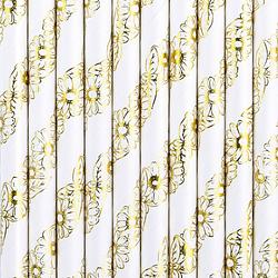 Foto van Drinkrietjes - papier - 50x - wit/goud bloemen - 19,5 cm - rietjes - drinkrietjes
