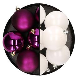 Foto van Decoris kerstballen - 12x st - 8 cm - wit en paars - kunststof - kerstbal