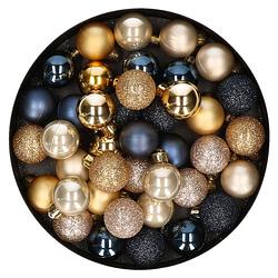 Foto van 42x stuks kunststof kerstballen donkerblauw, champagne en goud mix 3 cm - kerstbal