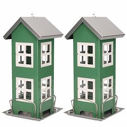 Foto van 2x stuks vogel voeder huisje voor vogelzaad groen metaal 27 cm - vogelvoederhuisjes