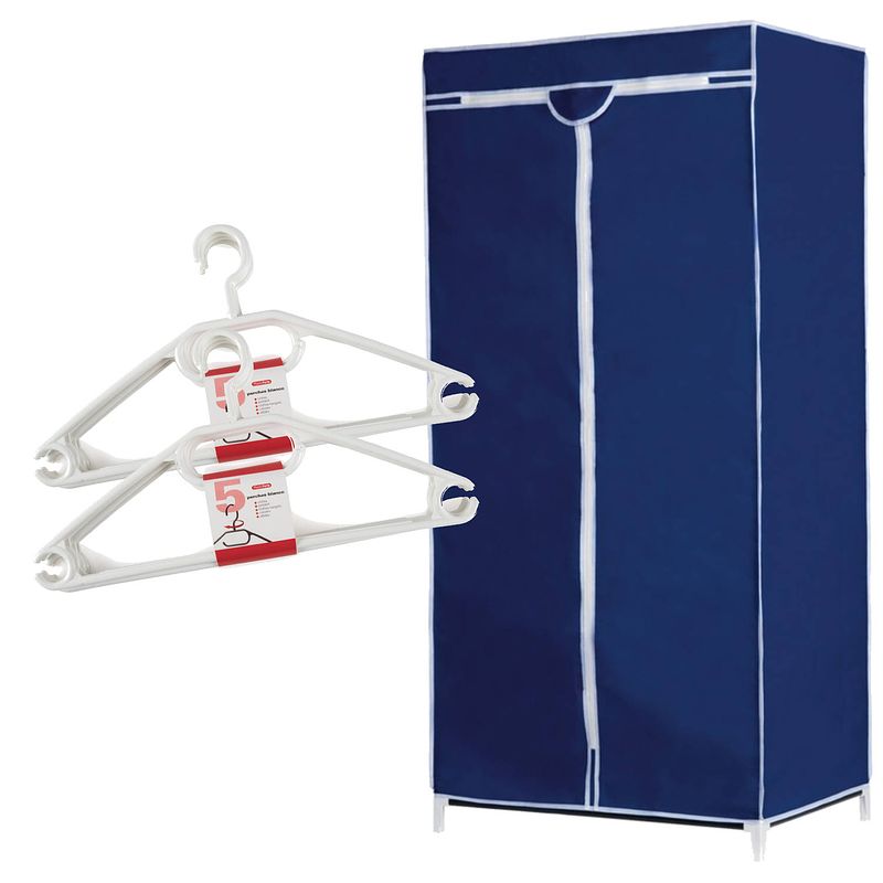 Foto van Set van mobiele opvouwbare kledingkast met blauwe hoes 160 cm en 10x plastic kledinghangers wit - campingkledingkasten
