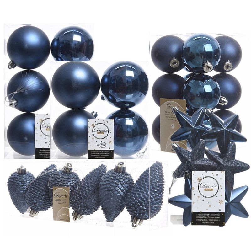 Foto van Kerstversiering kunststof kerstballen donkerblauw 6-8-10 cm pakket van 68x stuks - kerstbal