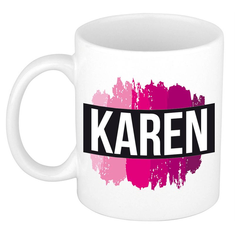 Foto van Naam cadeau mok / beker karen met roze verfstrepen 300 ml - naam mokken