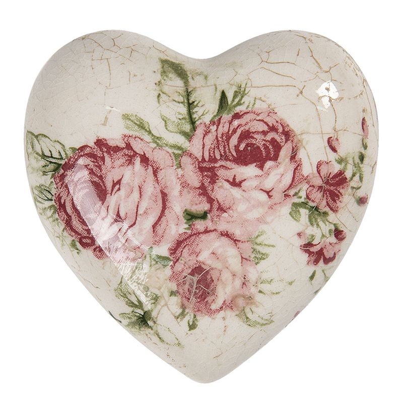 Foto van Clayre & eef decoratie hart 6ce1183s 8*8*4 cm wit, roze keramiek