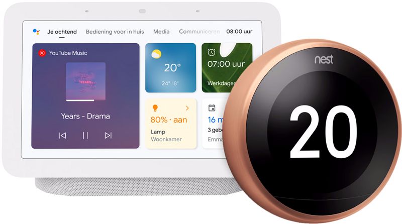 Foto van Nest learning thermostat v3 premium koper + google nest hub 2 chalk