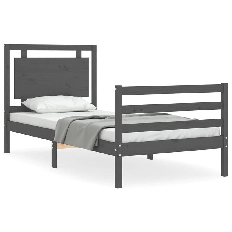 Foto van The living store bedframe - massief grenenhout - multiplex lattenbodem - grijs - 205.5 x 95.5 x 100 cm - geen matras