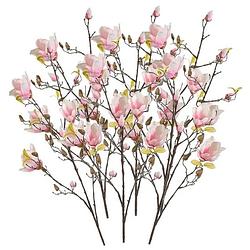 Foto van 6x roze kunst magnolia tak 105 cm - kunstbloemen