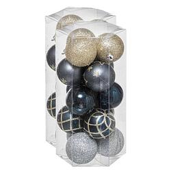 Foto van 30x stuks kerstballen mix goud/blauw/zilver gedecoreerd kunststof 5 cm - kerstbal
