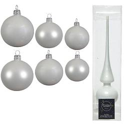 Foto van Groot pakket glazen kerstballen 50x winter wit glans/mat 4-6-8 cm met piek glans - kerstbal