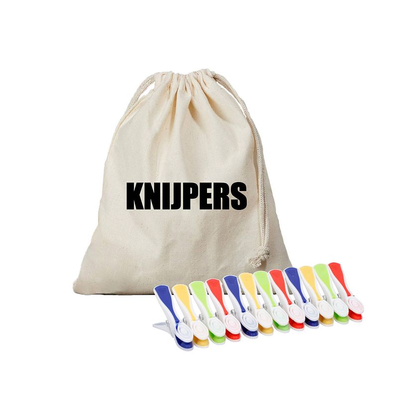 Foto van Canvas knijperzak/ opbergzakje knijpers wit/ offwhite met koord 25 x 30 cm en 48 plastic wasknijpers - knijperszakken