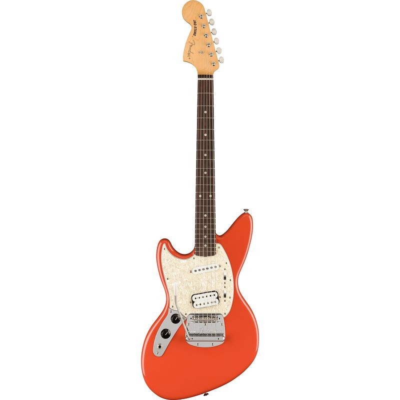 Foto van Fender kurt cobain jag-stang lh rw fiesta red elektrische gitaar met deluxe gigbag