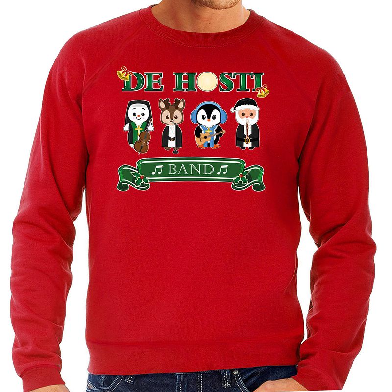 Foto van Bellatio decorations foute kersttrui/sweater heren - de hosti band - rood - kerstmuziek - band l - kerst truien