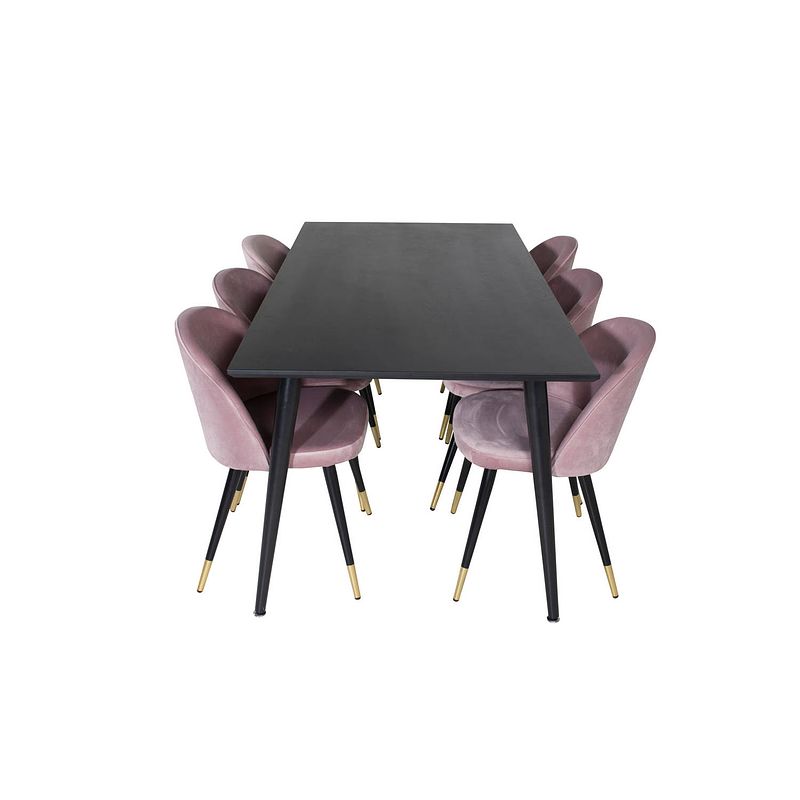 Foto van Dipp180x90blbl eethoek eetkamertafel zwart en 6 velvet eetkamerstal velours roze, zwart, messing decor.