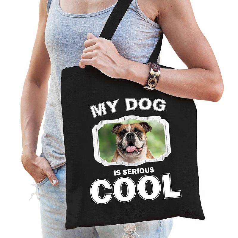 Foto van Katoenen tasje my dog is serious cool zwart - britse bulldog honden cadeau tas - feest boodschappentassen