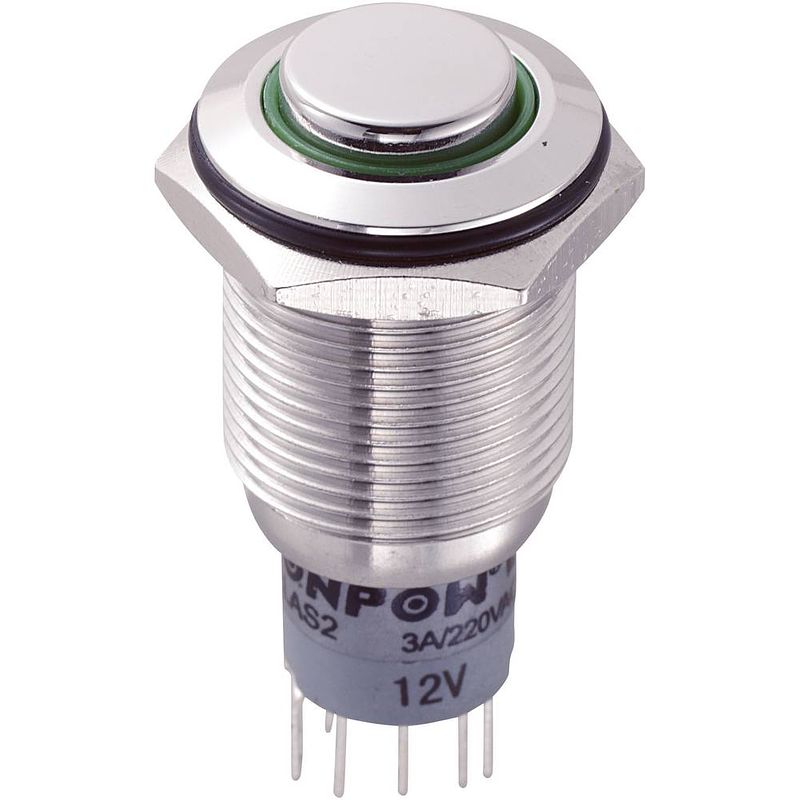 Foto van Tru components las2gqh-22e/g/12v/s/p vandalismebestendige druktoets 250 v/ac 3 a 2x aan/(aan) moment groen ip65 1 stuk(s)