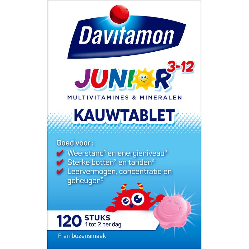 Foto van Davitamon junior 312 kauwvitamines framboos, 120 stuks bij jumbo