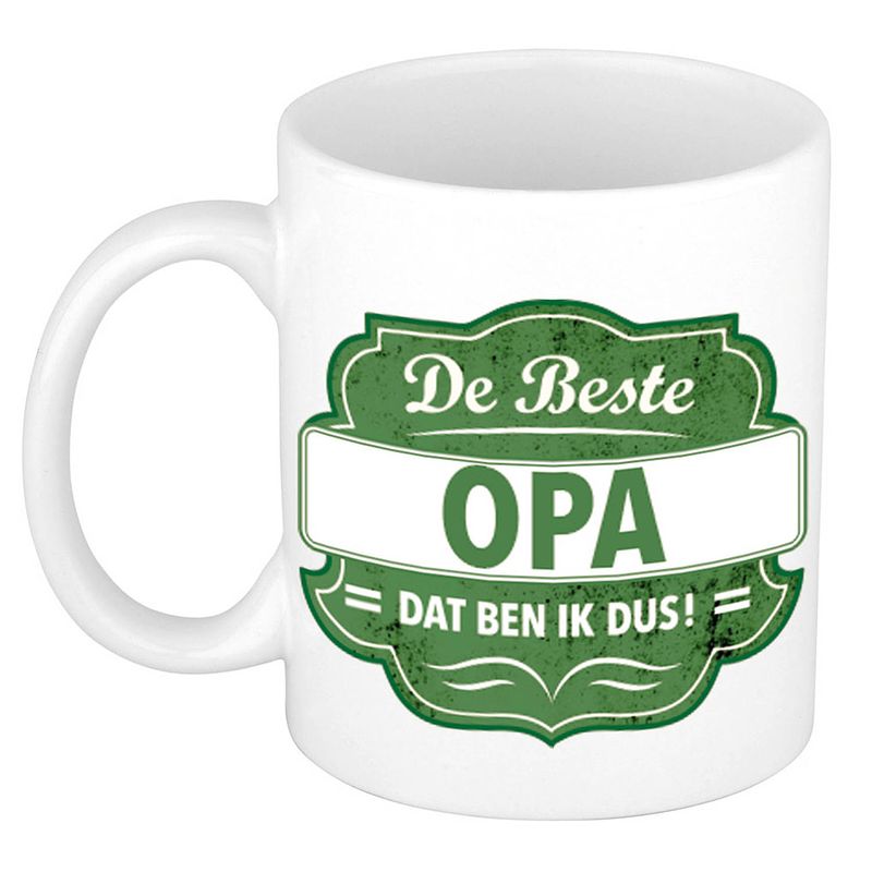 Foto van De beste opa dat ben ik cadeau mok / beker wit met groen embleem 300 ml - feest mokken