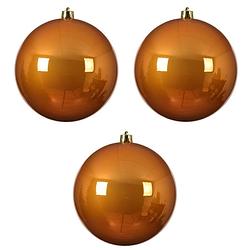 Foto van 3x stuks grote kunststof kerstballen cognac bruin (amber) 14 cm glans - kerstbal