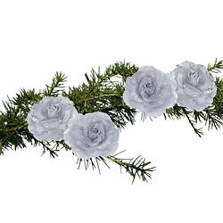 Foto van 4x stuks kerstboom decoratie bloemen rozen zilver op clip 9 cm - kersthangers