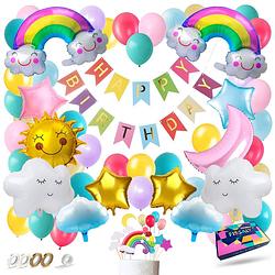 Foto van Fissaly® 73 stuks regenboog wolken decoratie set - feest versiering met pastel ballonnen - feestdecoratie verjaardag