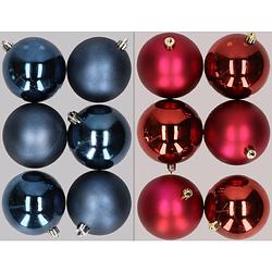 Foto van 12x stuks kunststof kerstballen mix van donkerblauw en donkerrood 8 cm - kerstbal