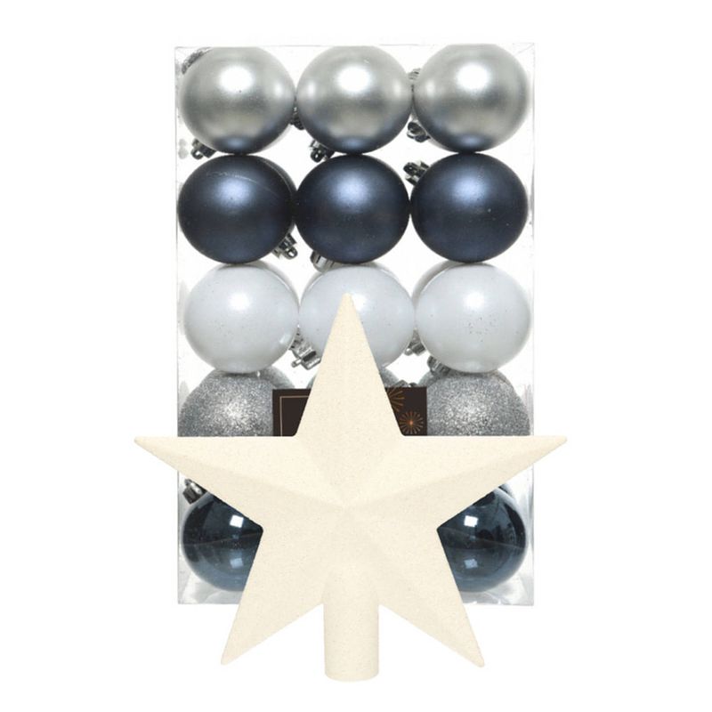 Foto van Kerstballen 30x - 6 cm - met ster piek - blauw/wit/zilver -kunststof - kerstbal