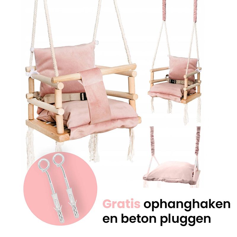 Foto van Luxe houten 3 in 1 roze meegroei baby schommel en kinder schommel