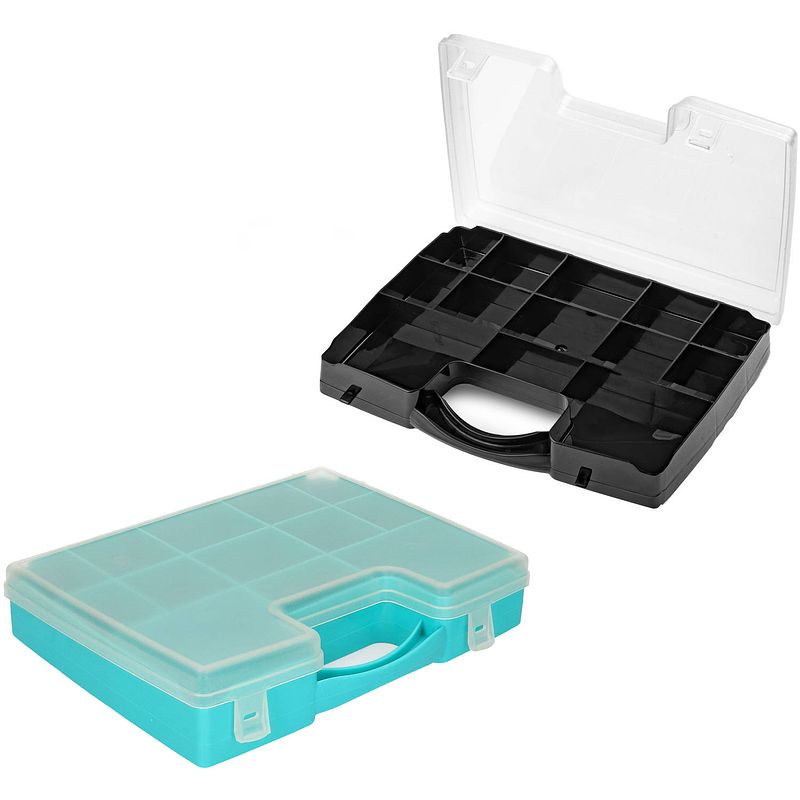 Foto van Forte plastics - 4x opberg vakjes doos/sorteerbox - 13-vaks kunststof - 27 x 20 x 3 cm - zwart/blauw - opbergbox