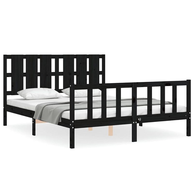 Foto van The living store bedframe massief grenenhout - zwart - 205.5 x 165.5 x 100 cm - multiplex lattenbodem